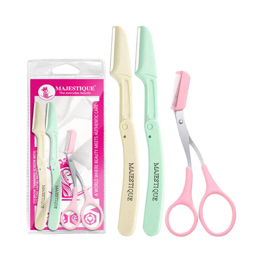 Majestique Eyebrow Trimmer Scissors with Folding Facial Razors (3 pcs)