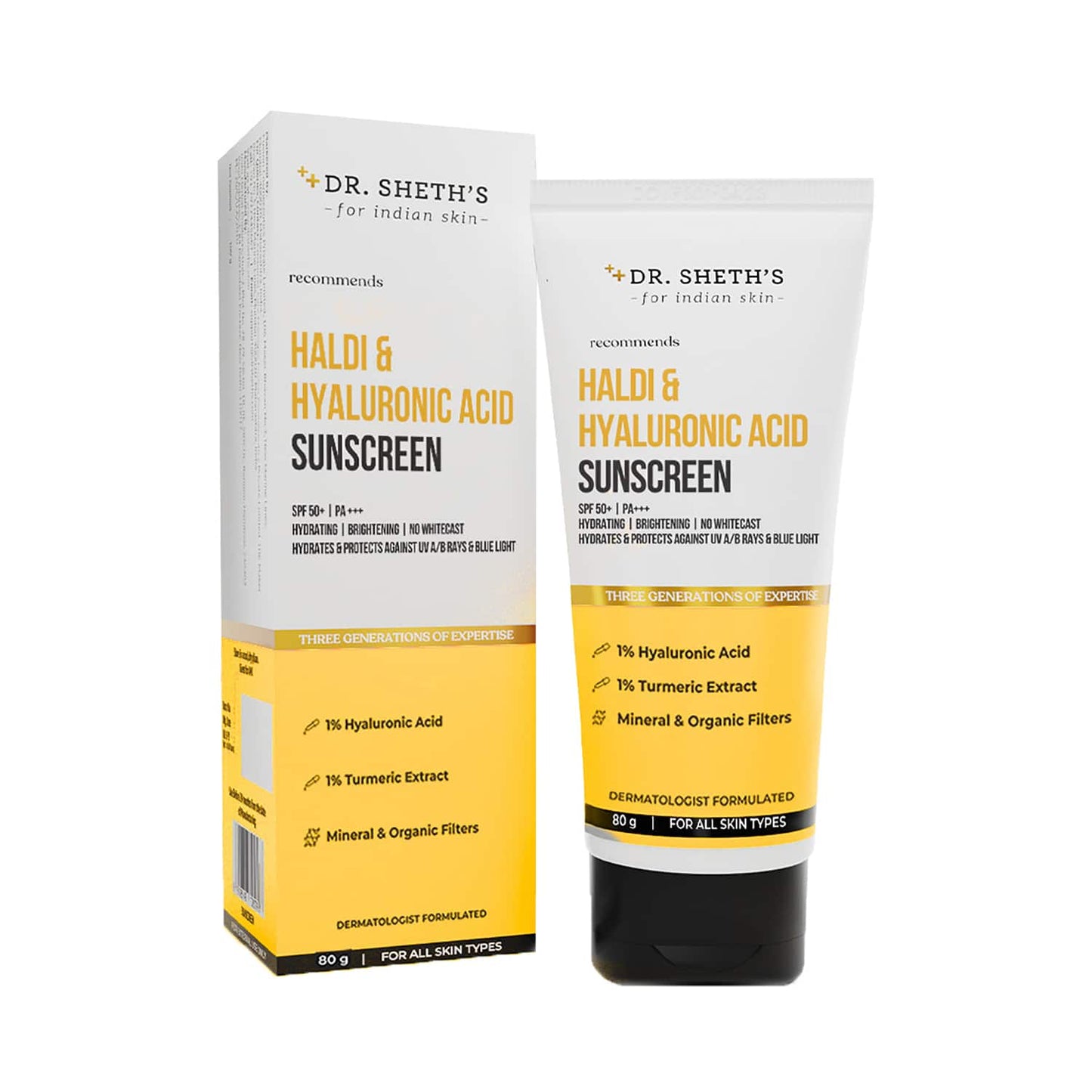 Dr. Sheth's Haldi & Hyaluronic Acid Sunscreen 50+ PA+++ (80g)