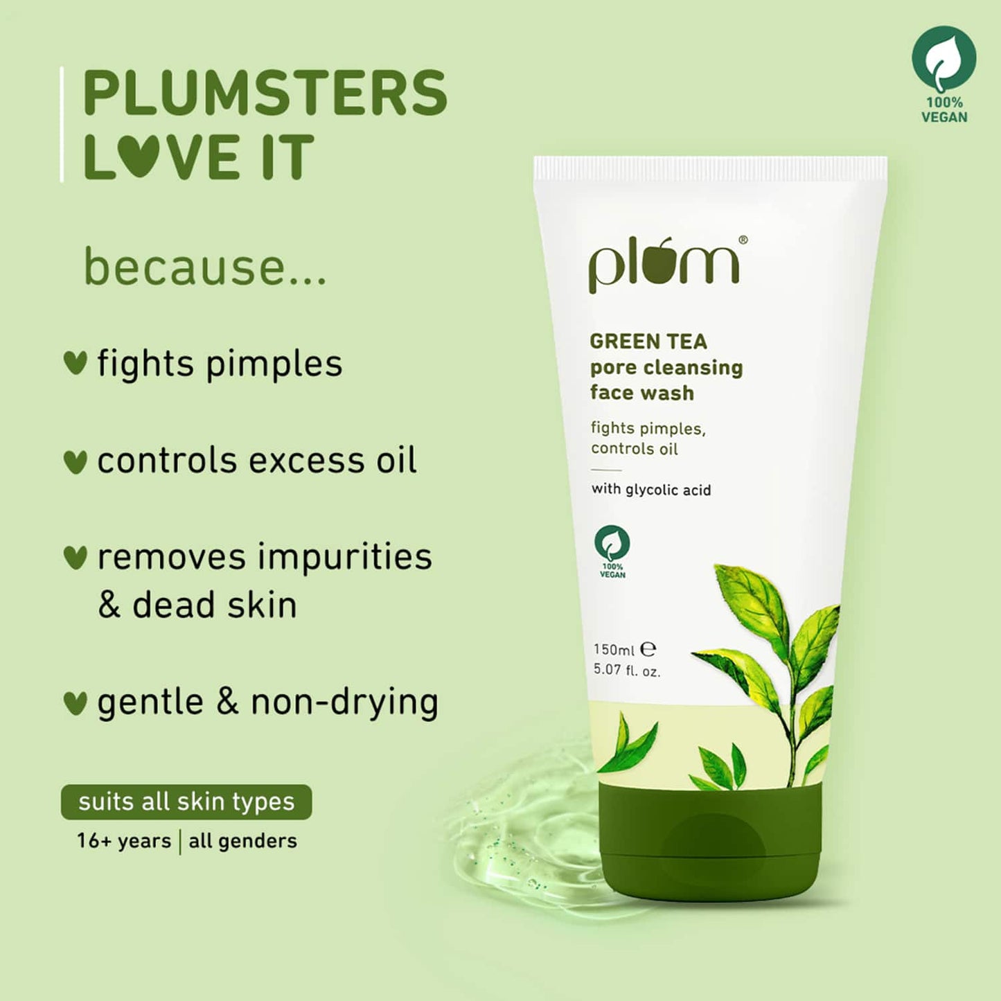 Plum Green Tea Pore Cleansing Gel Face Wash with Glycolic Acid Fights Acne & Oil Clear Skin (150 ml)