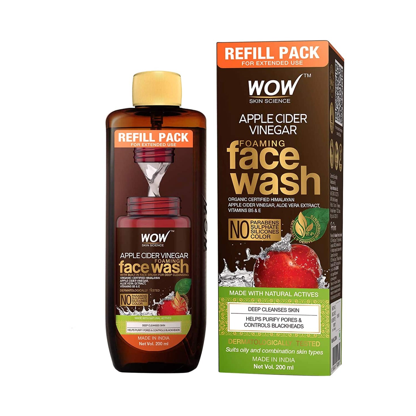 WOW SKIN SCIENCE Apple Cider Vinegar Foaming Face Wash Refill Pack (200ml)