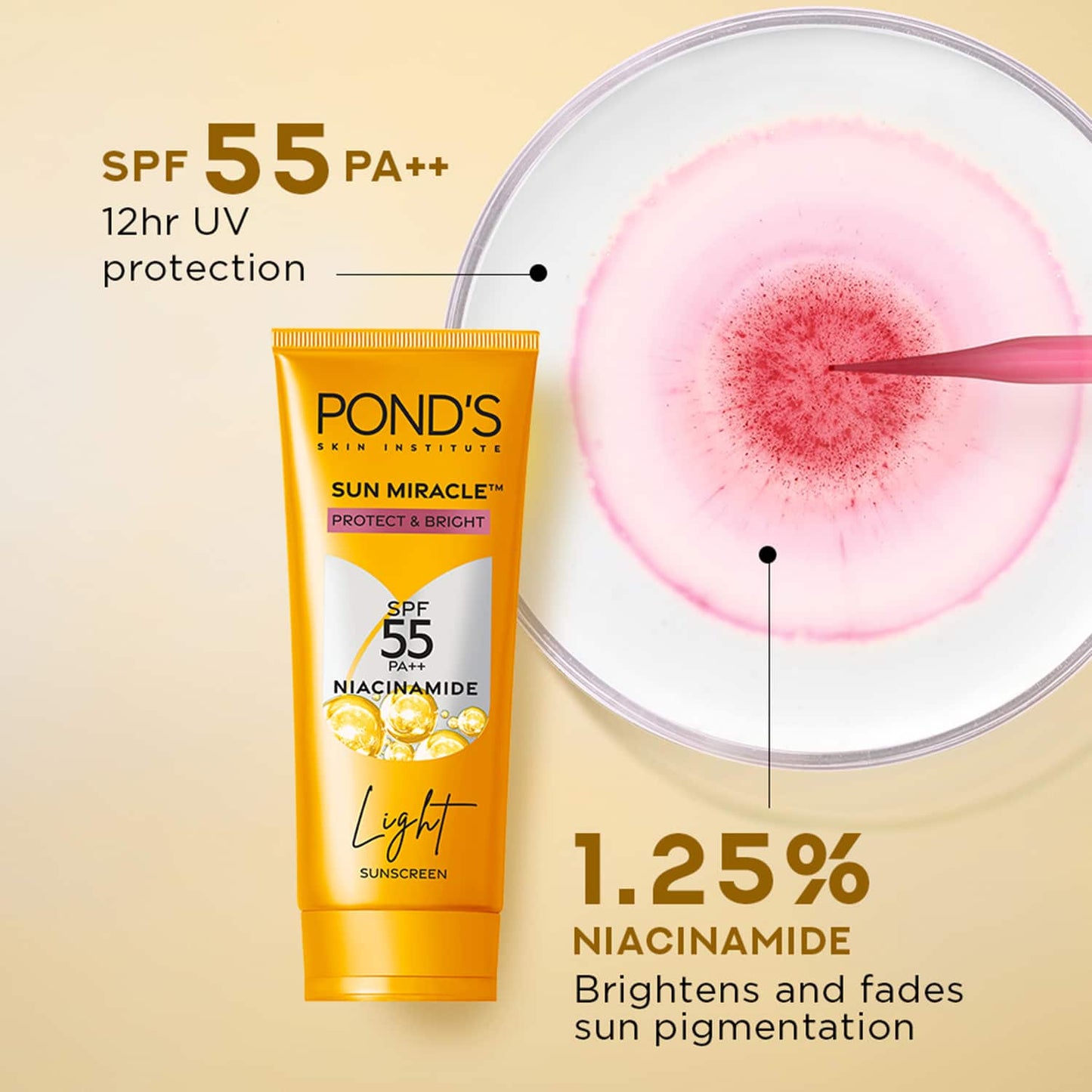 Pond's Sun Miracle SPF 50 PA+++ Light Sunscreen - Protect & Bright, With 3% Active Niacinamide (100 g)