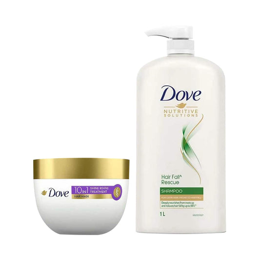 Dove Hair Fall Rescue Shampoo (1000 ml) + 10 in 1 Shine Revive Treatment Hair Mask (300 ml) Combo