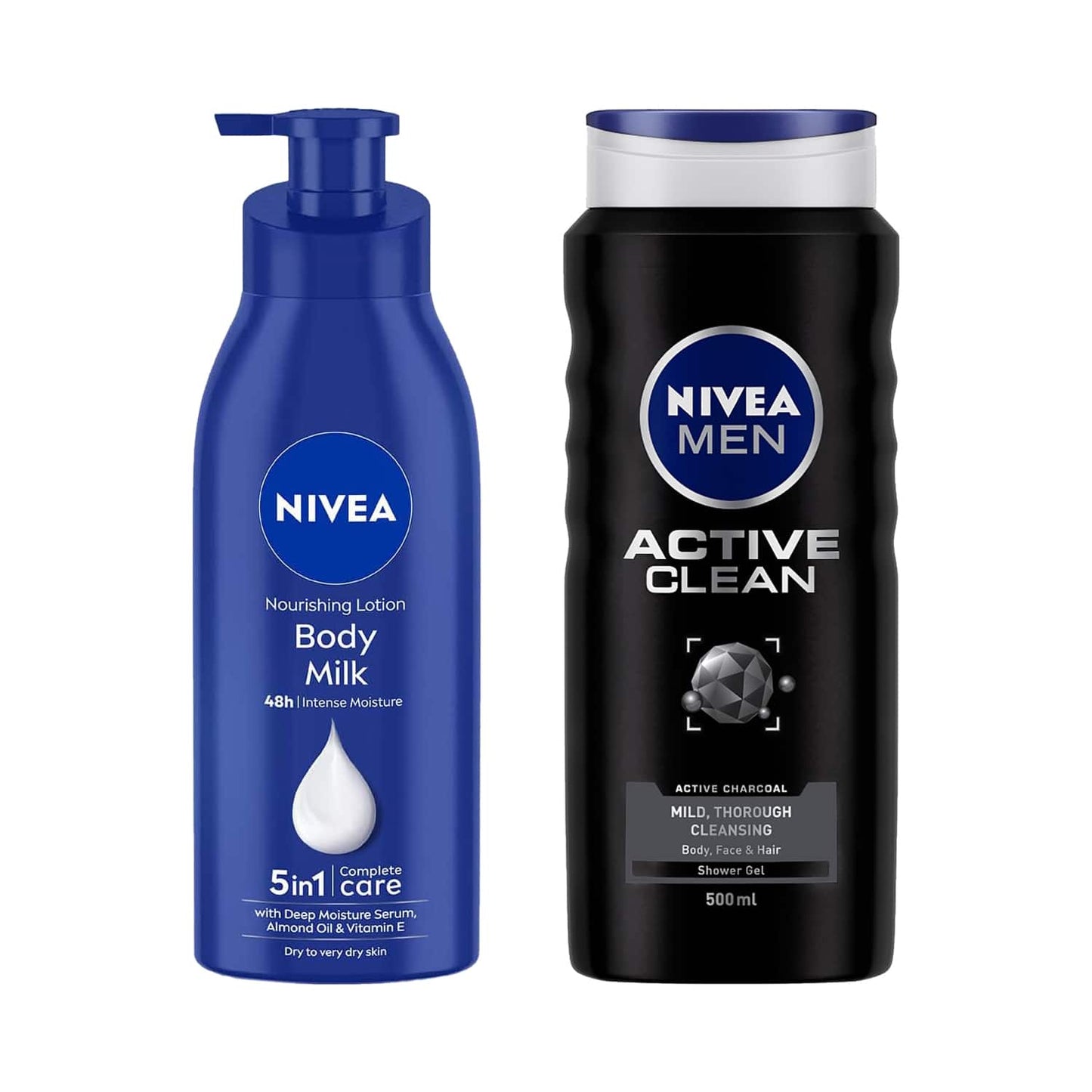 Nivea Body Milk Very Dry Skin (400 ml) & Shower Active Clean (500 ml) Combo