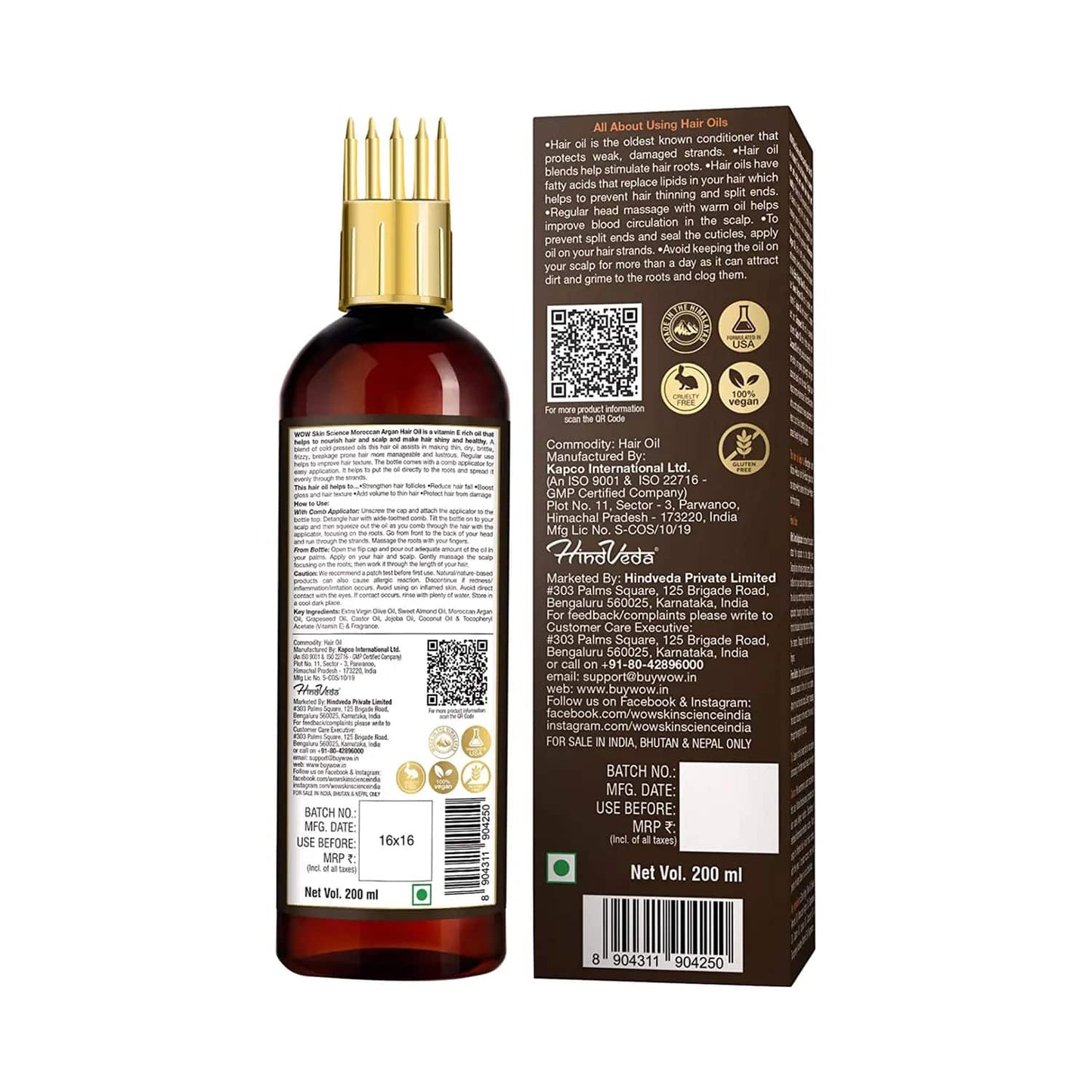 WOW SKIN SCIENCE Moroccan Argan Hair Oil with Comb Applicator (200ml)