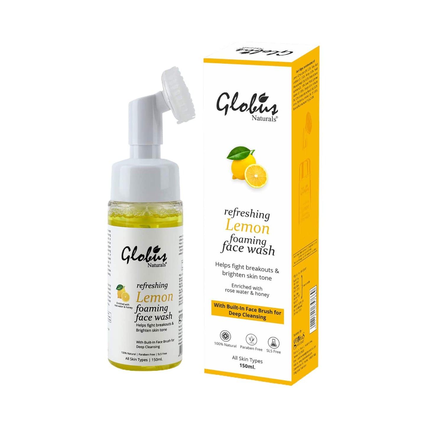 Globus Naturals Refreshing Lemon Foaming Face Wash With Silicone Face Massage Brush (150ml)