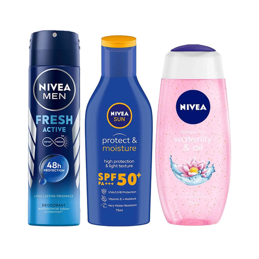 Nivea Water Lily & Oil Body Wash and Fresh Active Deodorant, Sun Lotion Summer Essential Combo