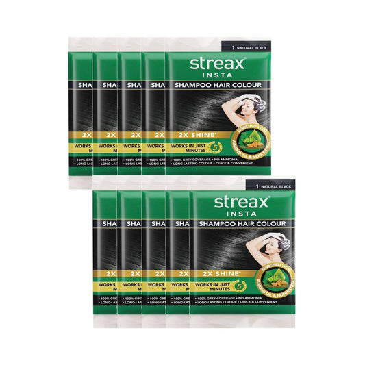 Streax Insta Shampoo Hair Colour - Natural Black (18ml) (Pack of 10) Combo