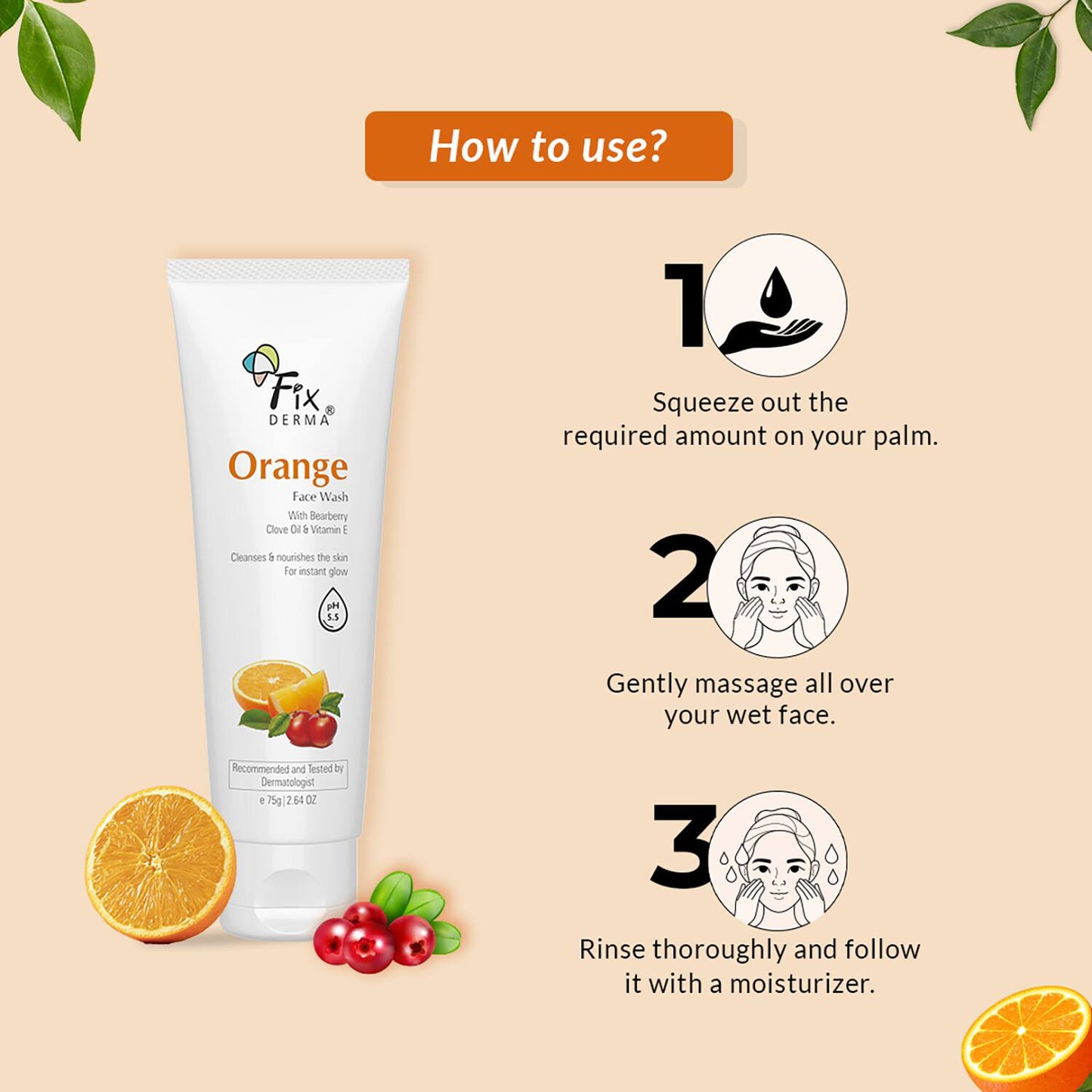 Fixderma Orange Facewash with Vitamin E & Bearberry for Tan Removal (75g)