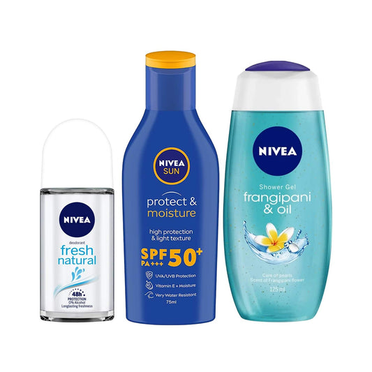 Nivea Frangipani & Oil Body Wash and Fresh Deodorant Roll On, Sun Lotion Summer Essential Combo