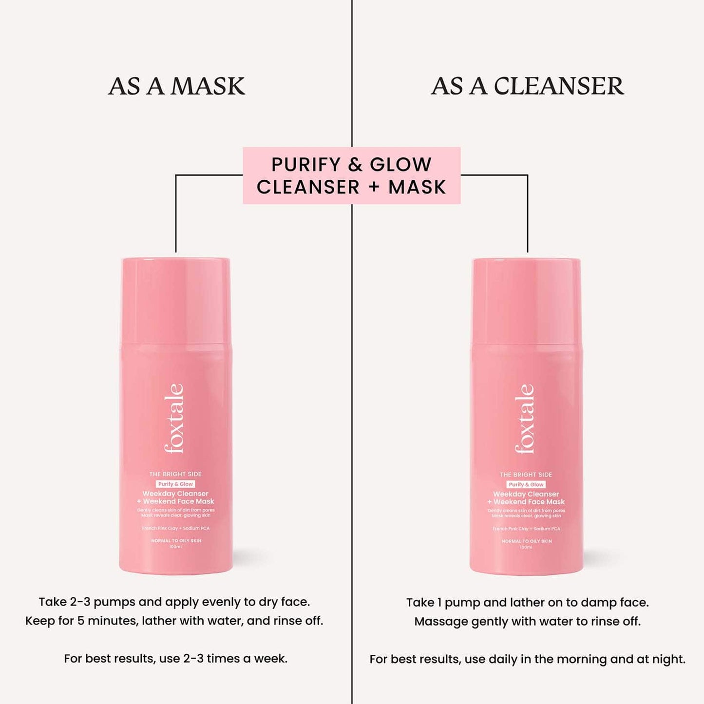 Foxtale Purify & Glow Cleanser + Mask With French Pink Clay (100ml)