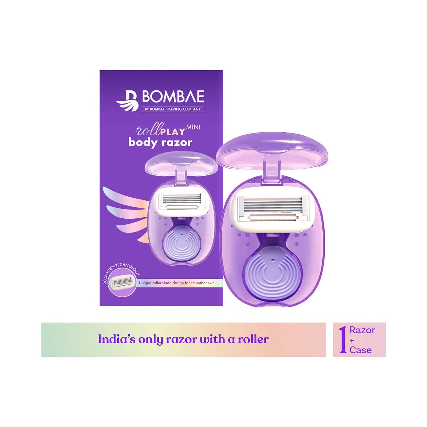 Bombae Rollplay Mini Body Razor With Roller Compact Case - Purple, White