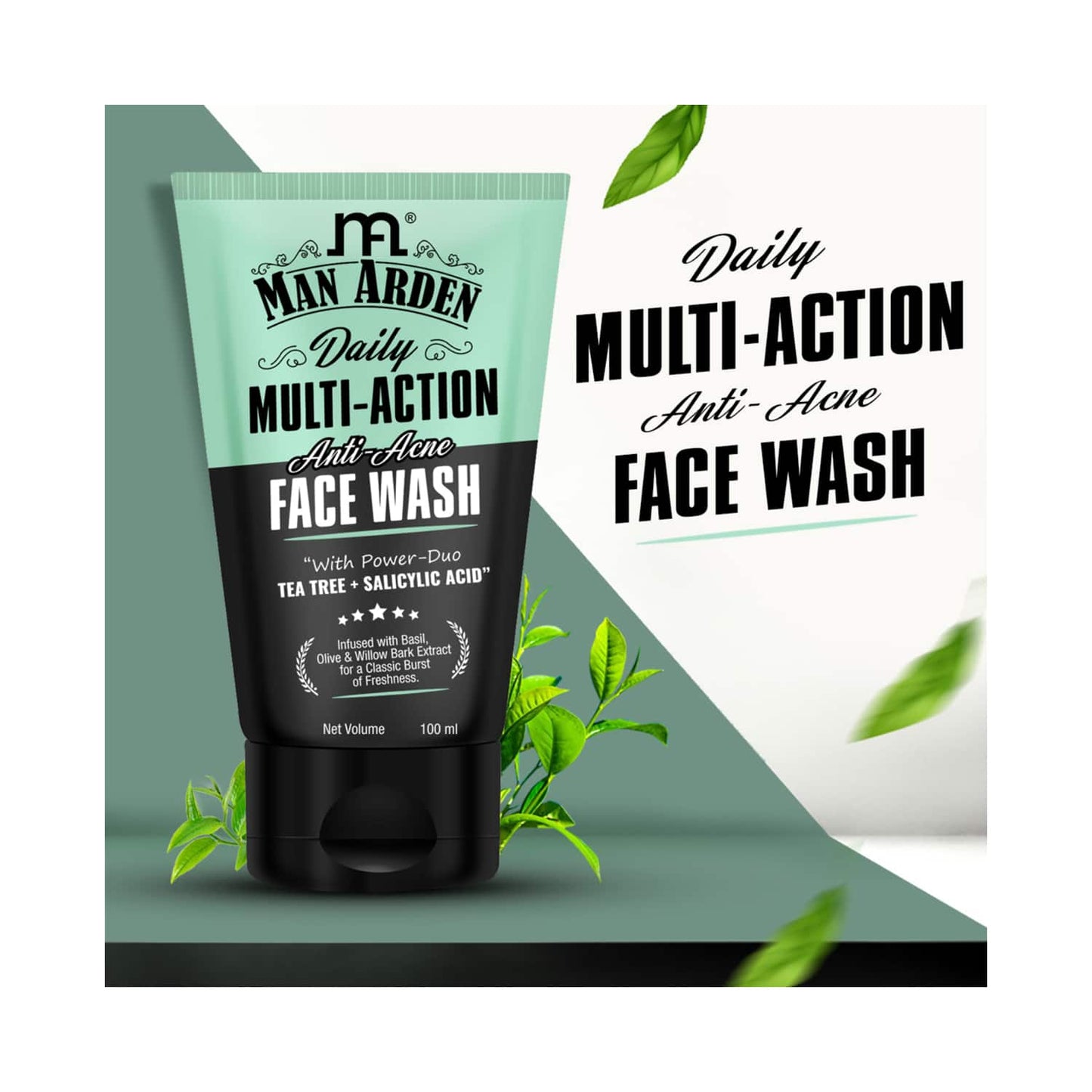 Man Arden Daily Multi-Action Anti-Acne Face Wash For Oily Skin With Power Duo Tea Tree & Salicylic Acid 1% (100ml)