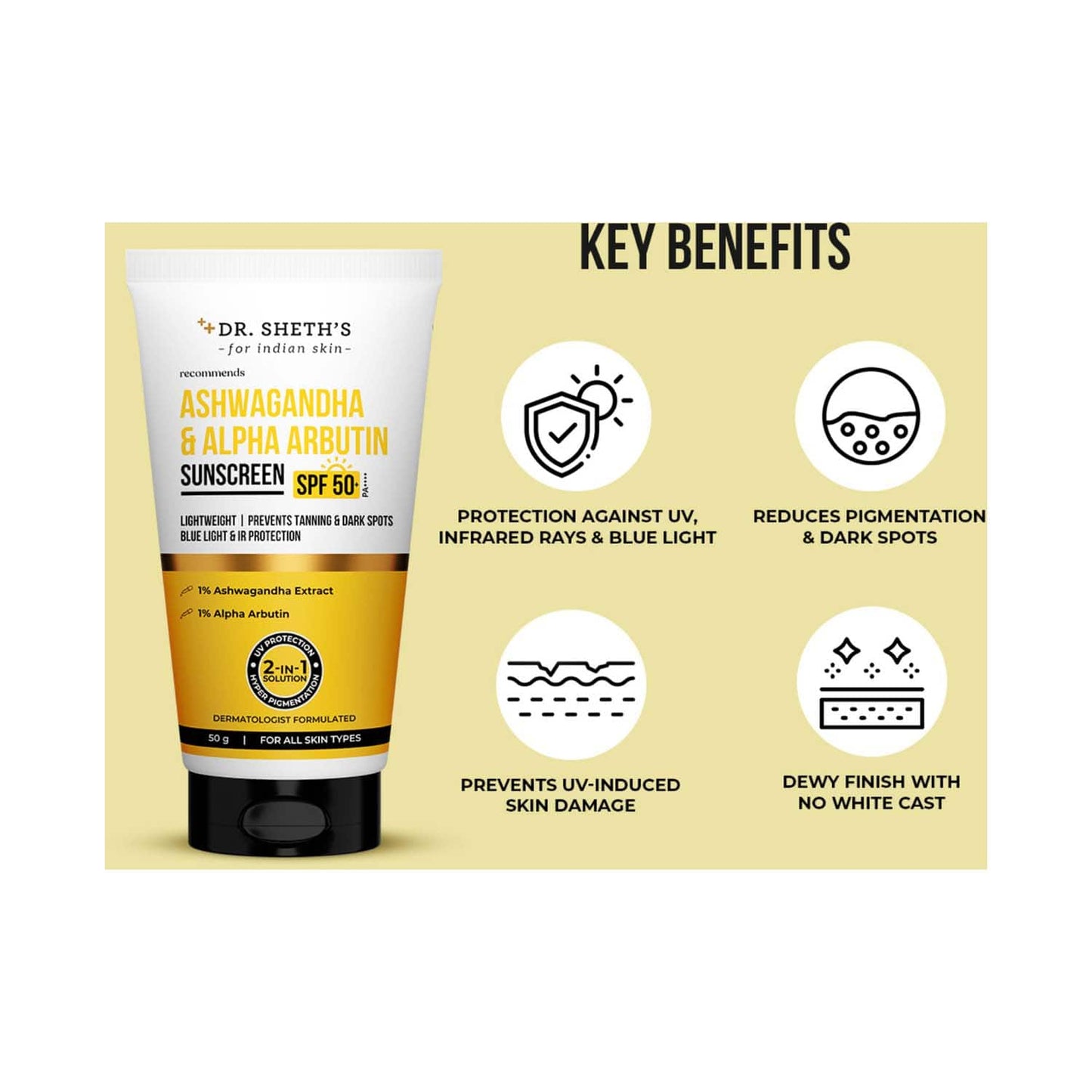 Dr. Sheth's Ashwagandha & Alpha Arbutin Sunscreen With SPF 50+ PA++++ (50 g)