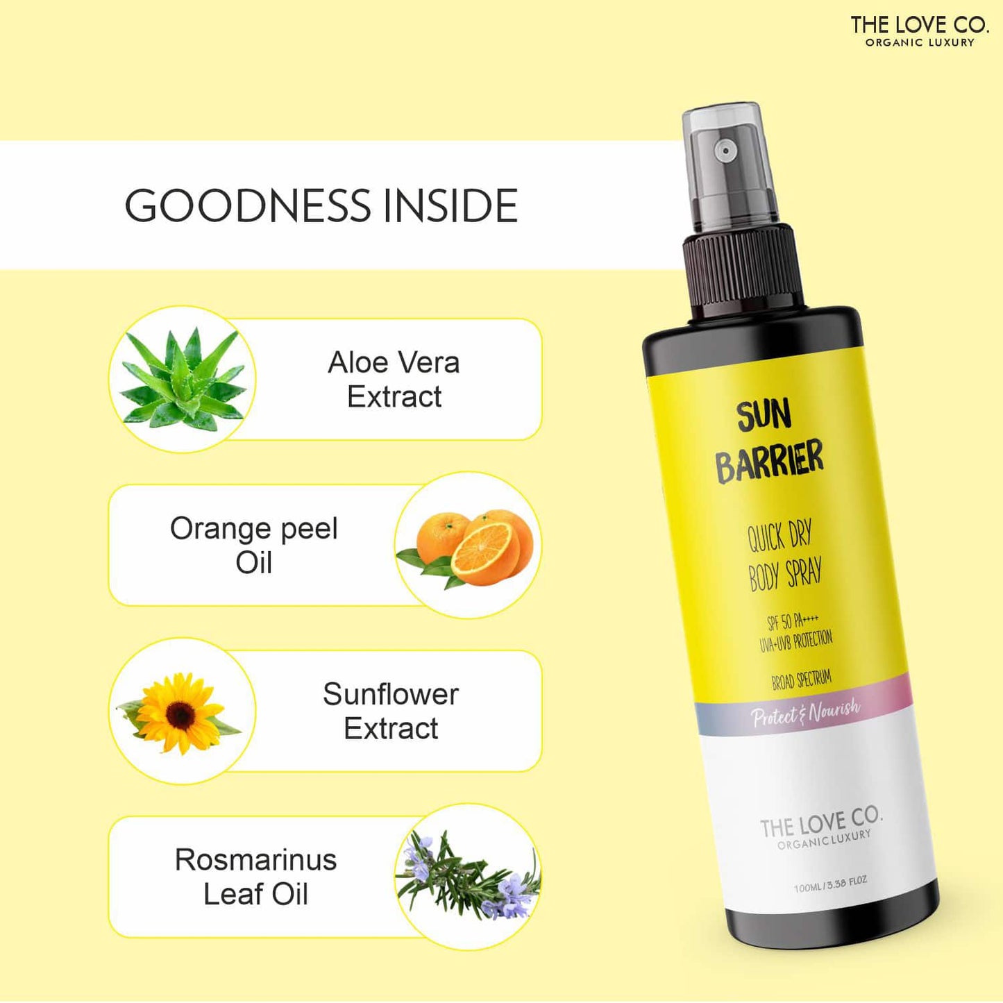 THE LOVE CO. Sun Barrier Quick Dry Body Spray With SPF 50 PA++++ UVA/UVB Protection (100ml)