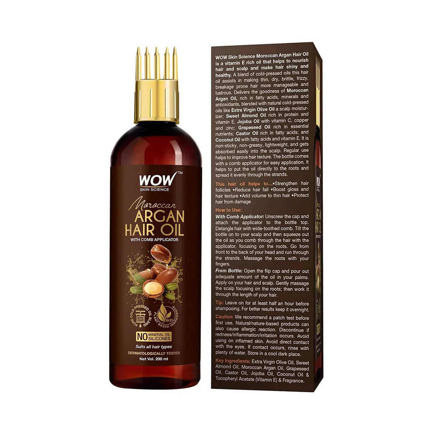 WOW SKIN SCIENCE Moroccan Argan Hair Oil with Comb Applicator (200ml)