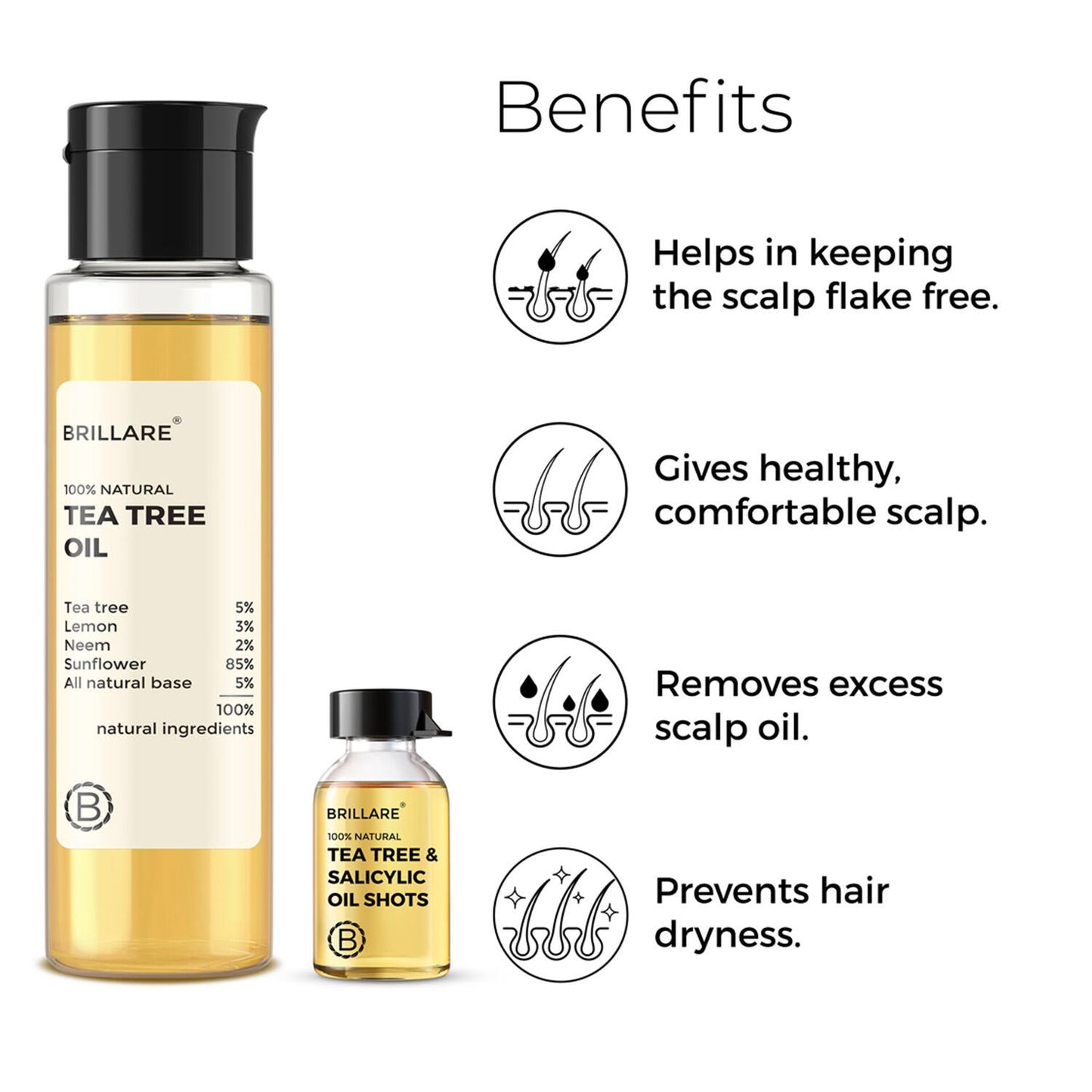 Brillare Tea Tree & Salicylic Oil Shots (48ml) and Tea Tree Oil (100ml) Dandruff  Scalp Combo