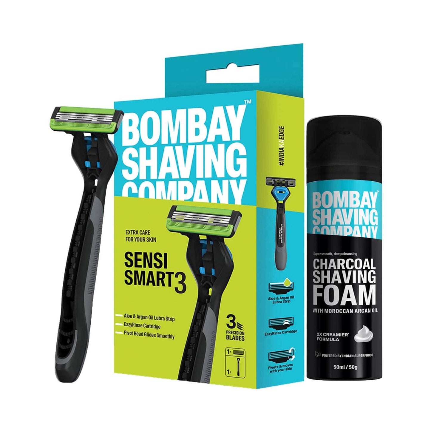 Bombay Shaving Company Sensi Smart 3 Razor and Charcoal Shaving Foam Grooming Kit (3 Pcs)