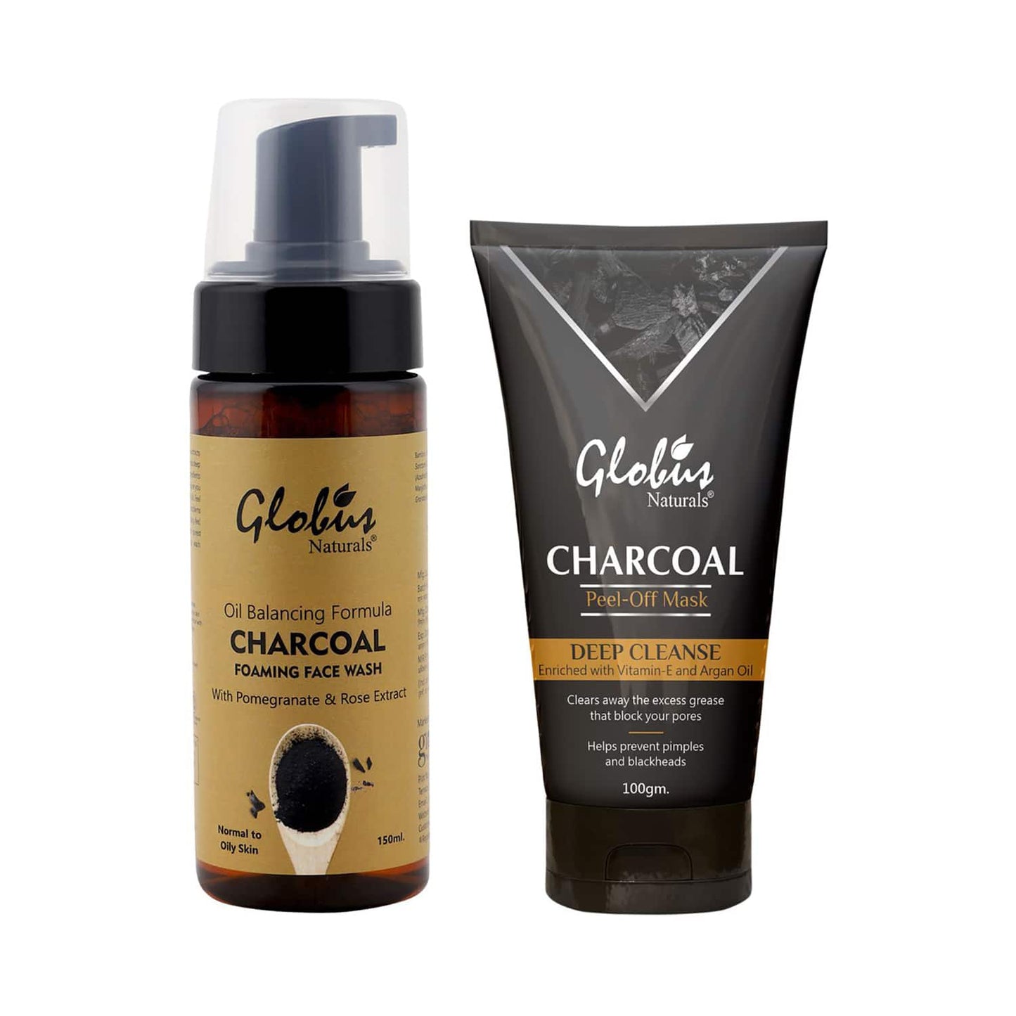 Globus Naturals Charcoal Foaming Face Wash & Charcoal Peel Off Mask - (2Pcs)