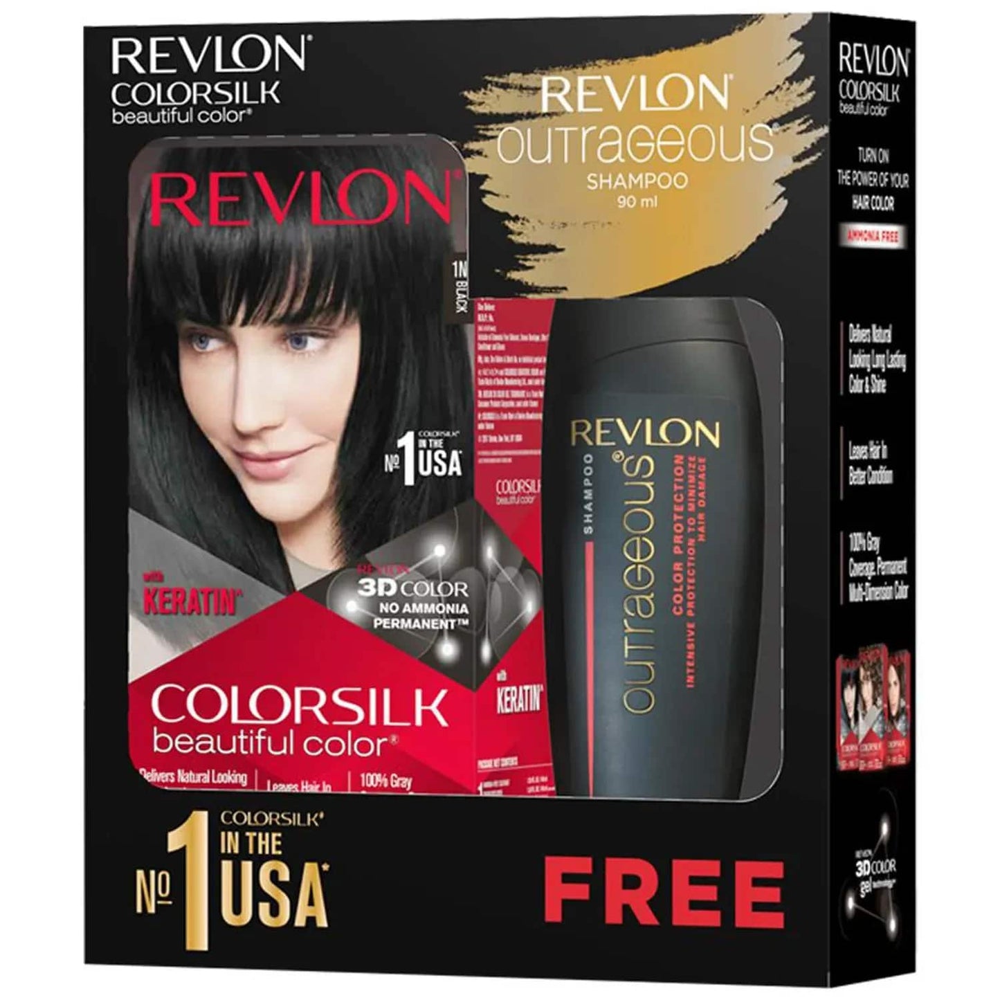 Revlon Colorsilk Beautiful Hair Color with Keratin + Free Shampoo - 1N Black (90ml)