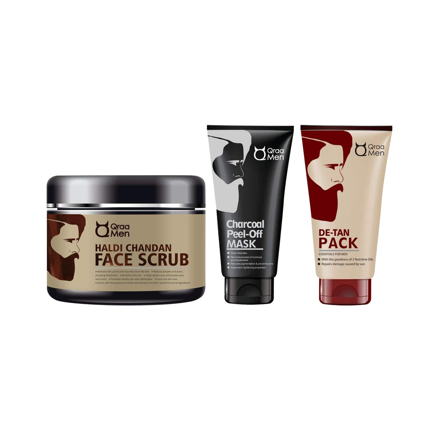 Qraamen De-Tan Face Pack, Haldi Chandan Face Scrub & Charcoal Peel Off Mask Combo