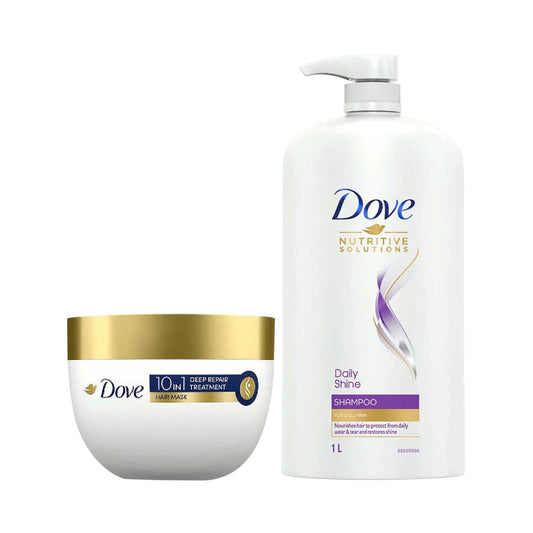 Dove Daily Shine Shampoo (1000 ml) +10 in 1 Deep Repair Treatment Hair Mask (300 ml) Combo