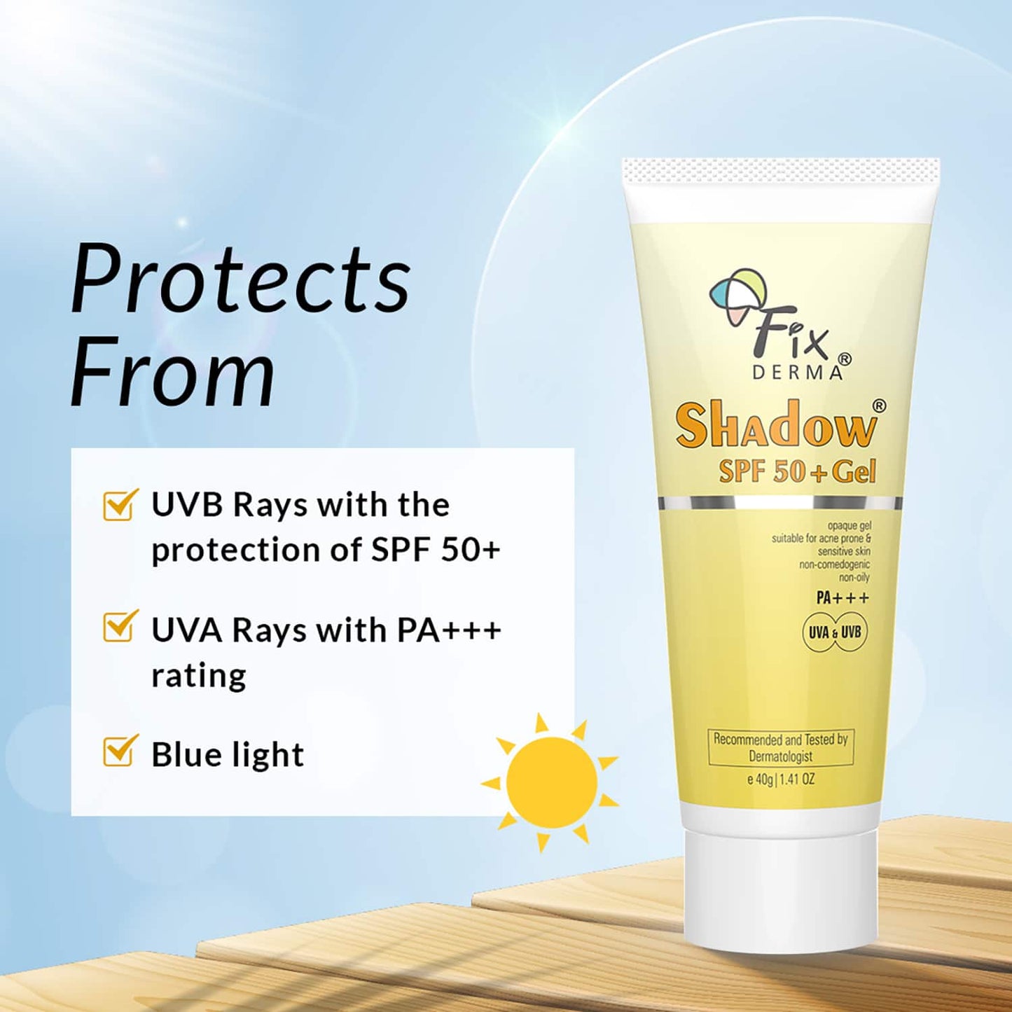 Fixderma Shadow Sunscreen Gel SPF 50+ PA+++ UVA & UVB Protection (40g)