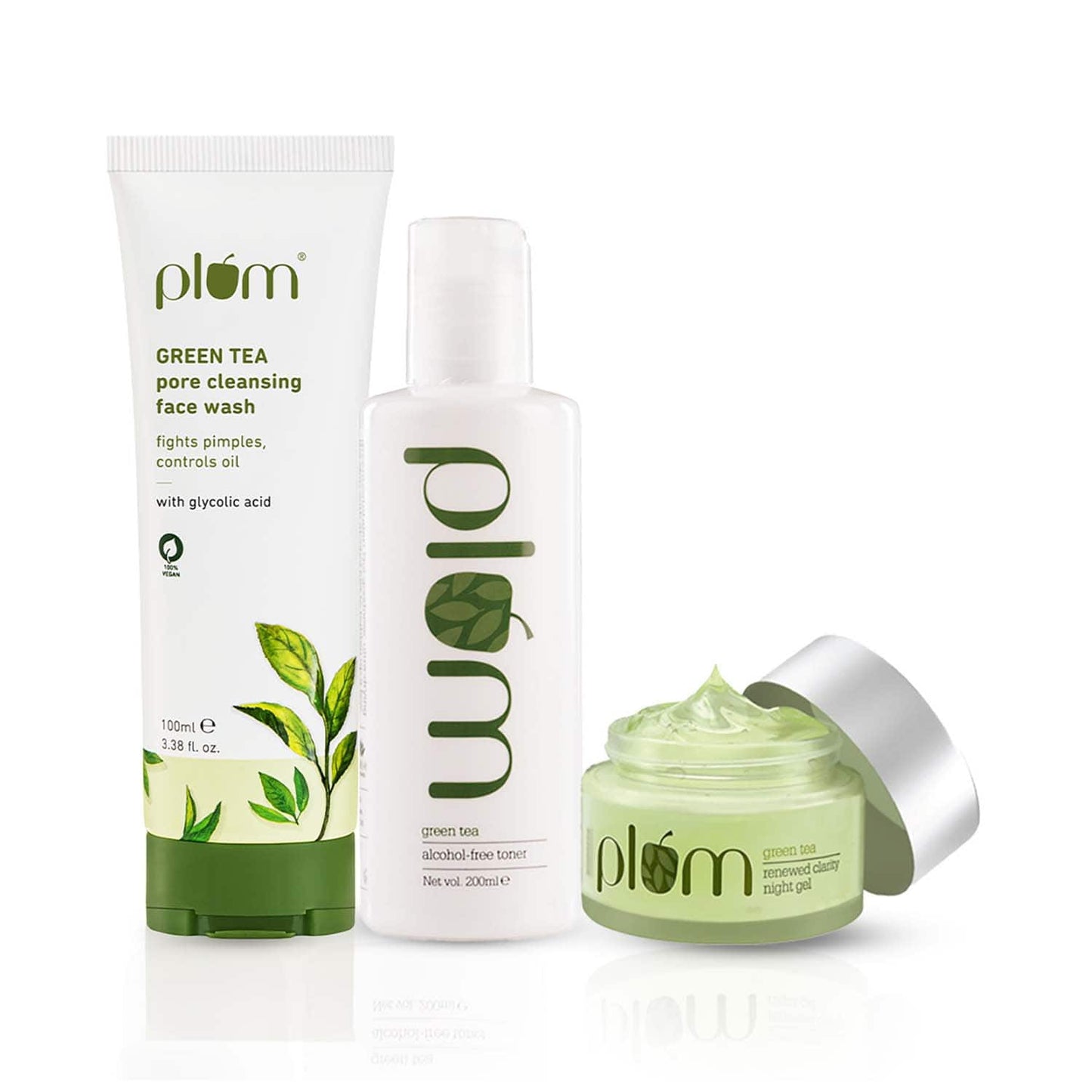 Plum Green Tea Cleanse & Night Repair Combo Face Wash (100Ml), Toner & Night Gel