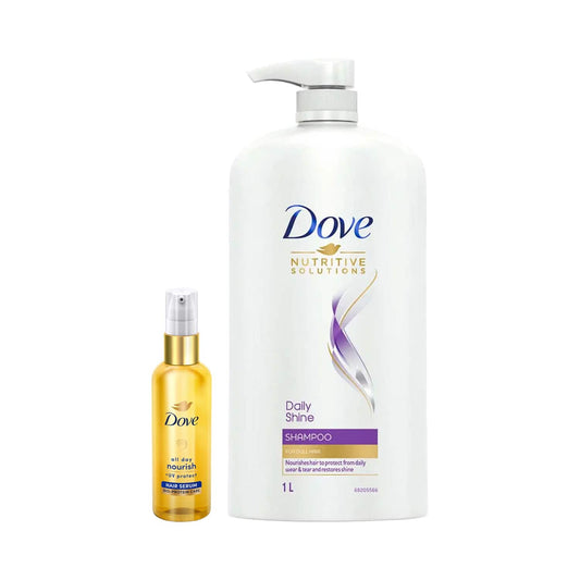 Dove Daily Shine Shampoo (1000 ml) & All Day Nourish+ UV Protect Hair Serum (48 ml) Combo