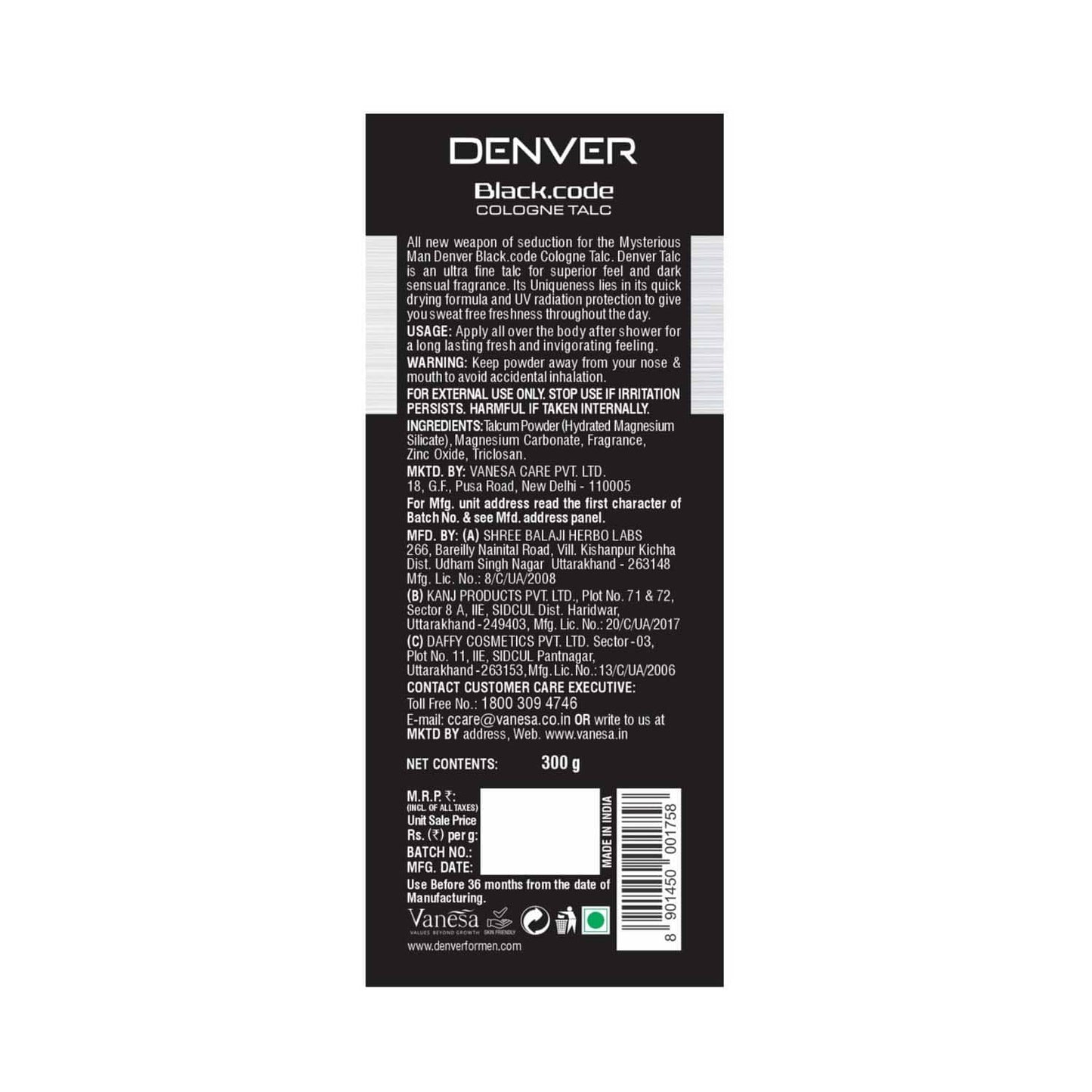 Denver Black Code Talc (300g)