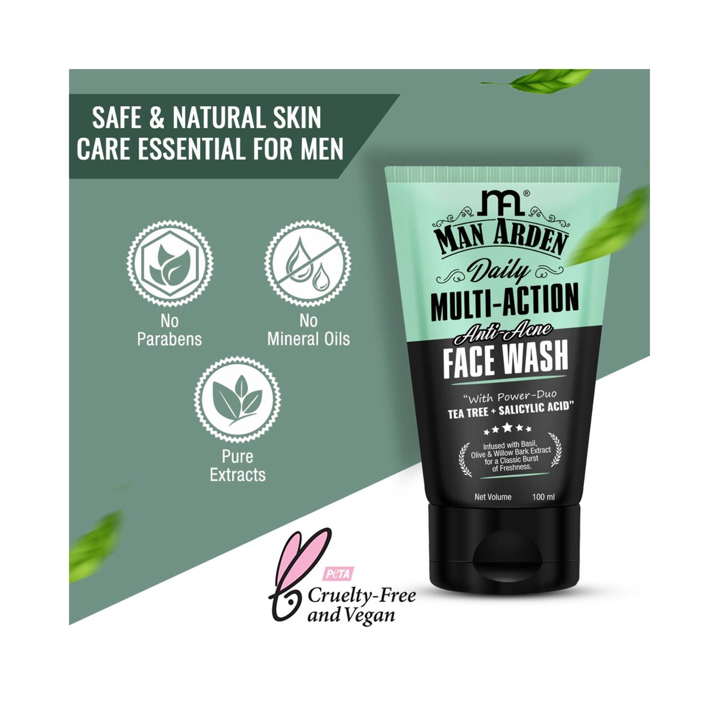 Man Arden Daily Multi-Action Anti-Acne Face Wash For Oily Skin With Power Duo Tea Tree & Salicylic Acid 1% (100ml)