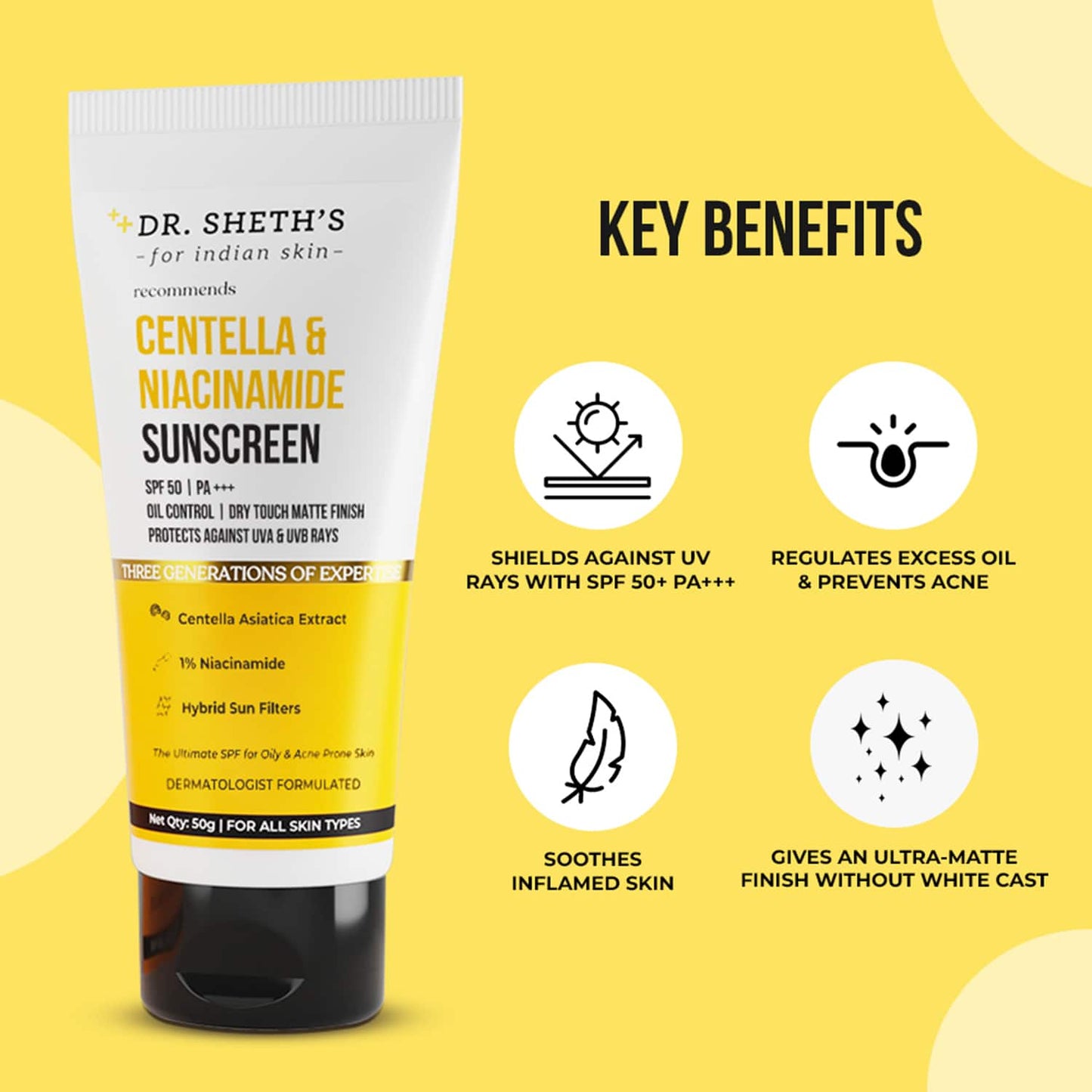 Dr. Sheth's Centella & Niacinamide Oil & Acne Control Sunscreen SPF 50 PA+++ (50g)