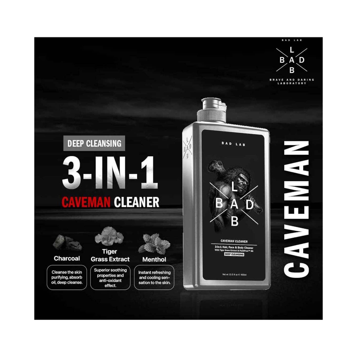 Bad Lab Caveman 3-In-1 Deep Cleansing Hair, Face And Body Cleaner (400ml)