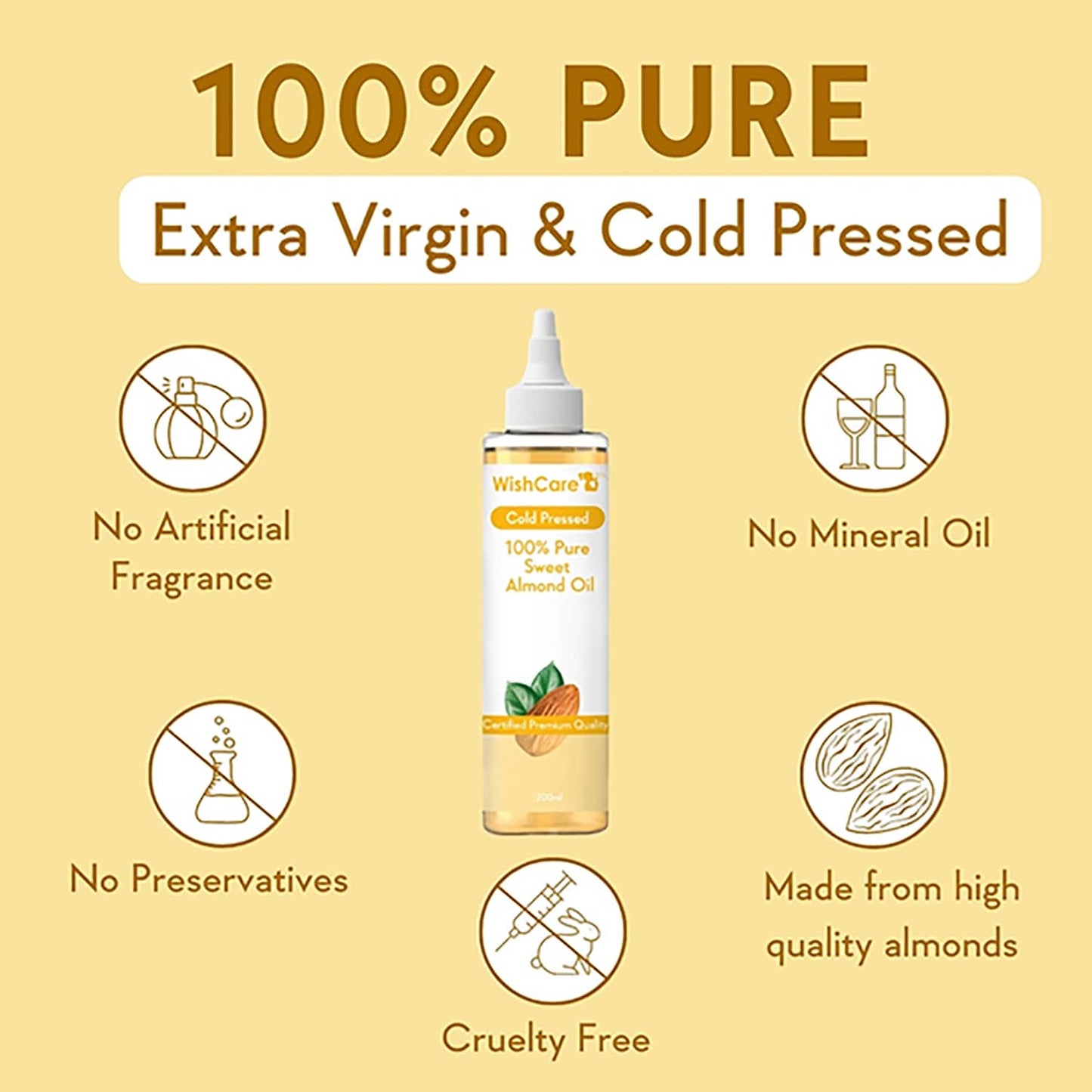 WishCare 100% Pure Cold Pressed Sweet Almond Oil (200ml)