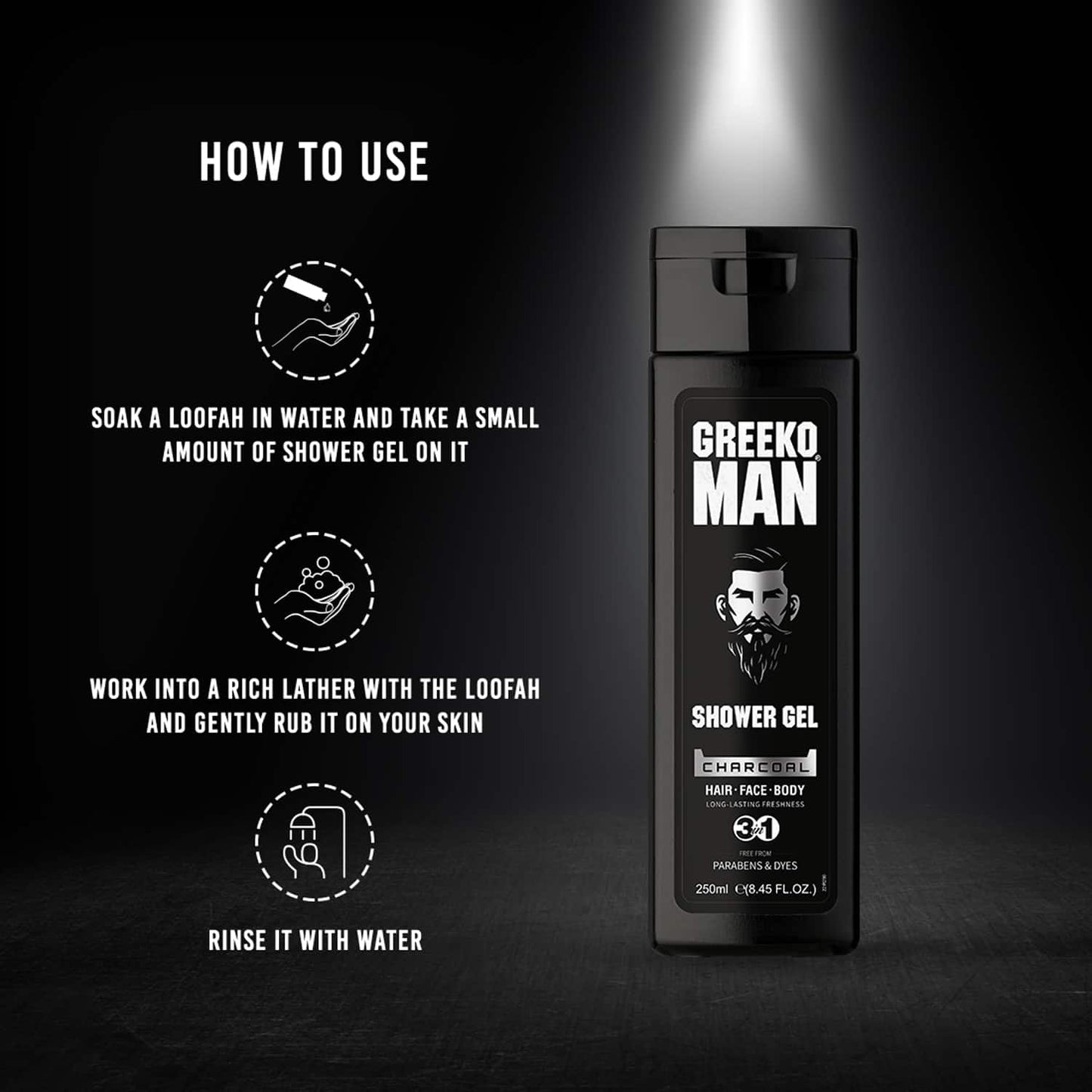 Greeko Man 3-In-1 Charcoal Shower Gel (250ml)