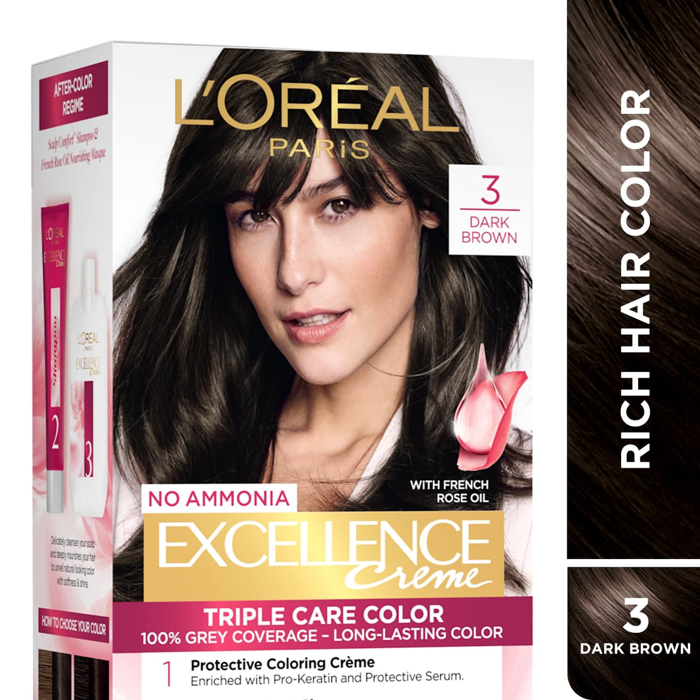 L'Oreal Paris Excellence Creme Hair Color, 3 Dark Brown/Natural Darkest Brown, 72ml+100g