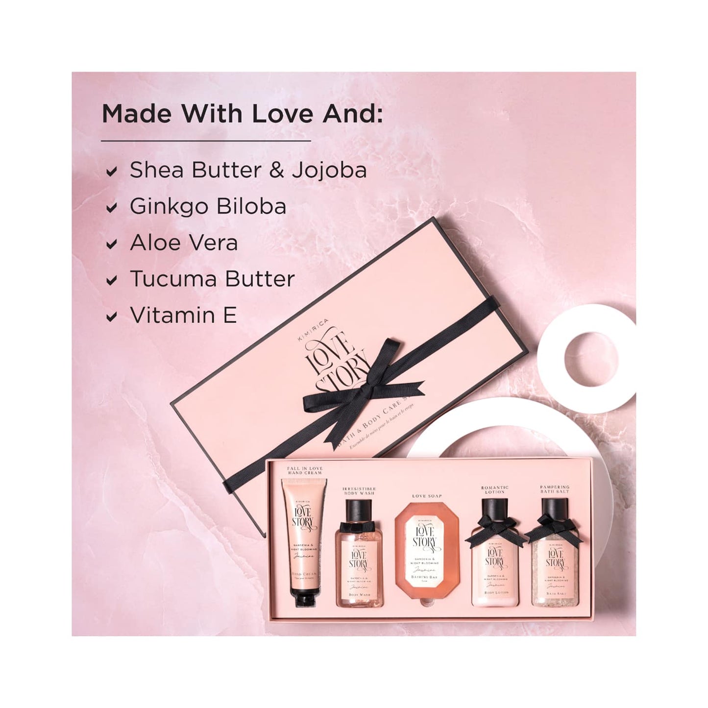 Kimirica Love Story Luxury Bath and Body Care Experience Gift Set Box Premium Gift Packaging (5 Pcs)