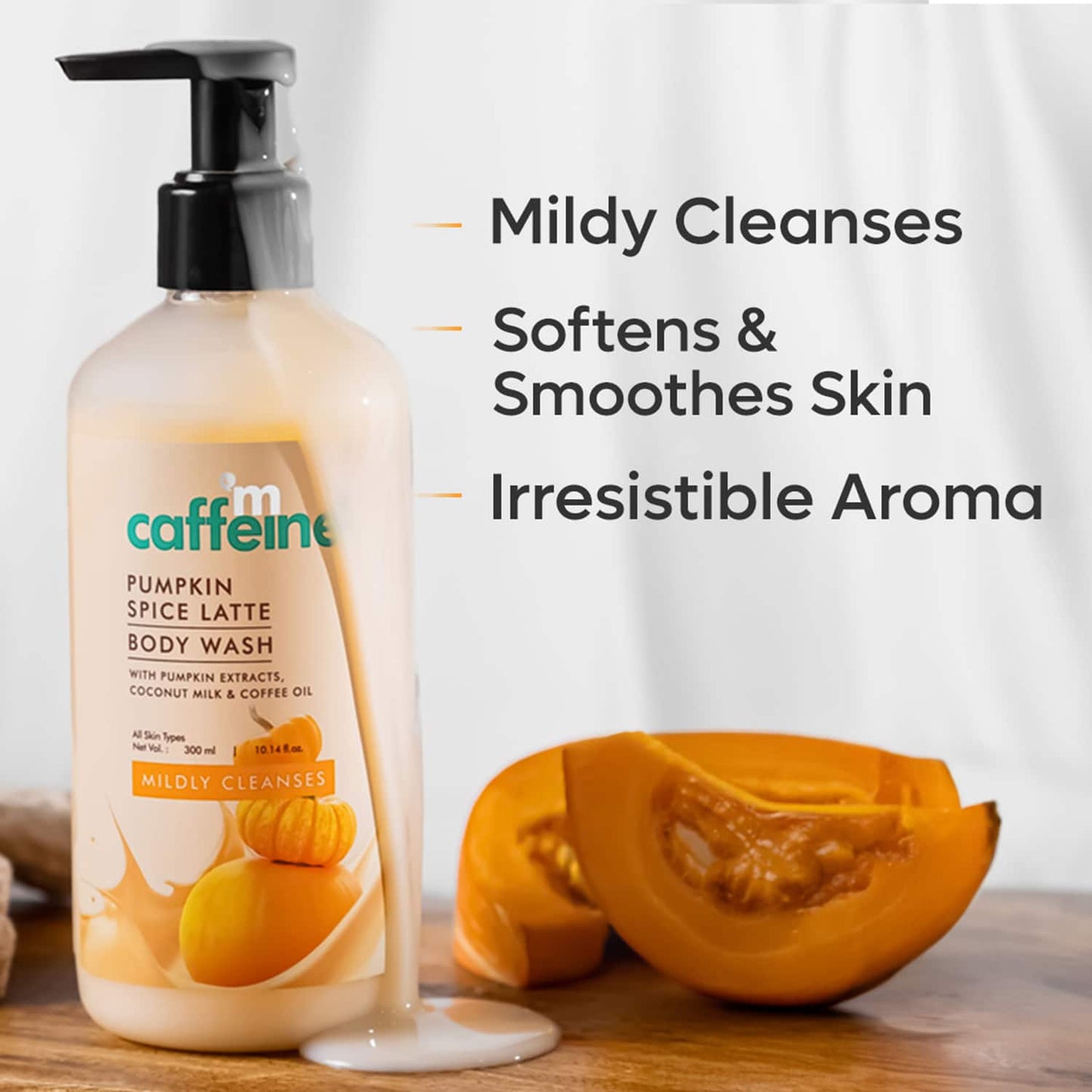 mCaffeine Pumpkin Spice Latte Body Wash, Sweet & Spice Aroma, Mildly Cleansing for Soft Skin (300ml)