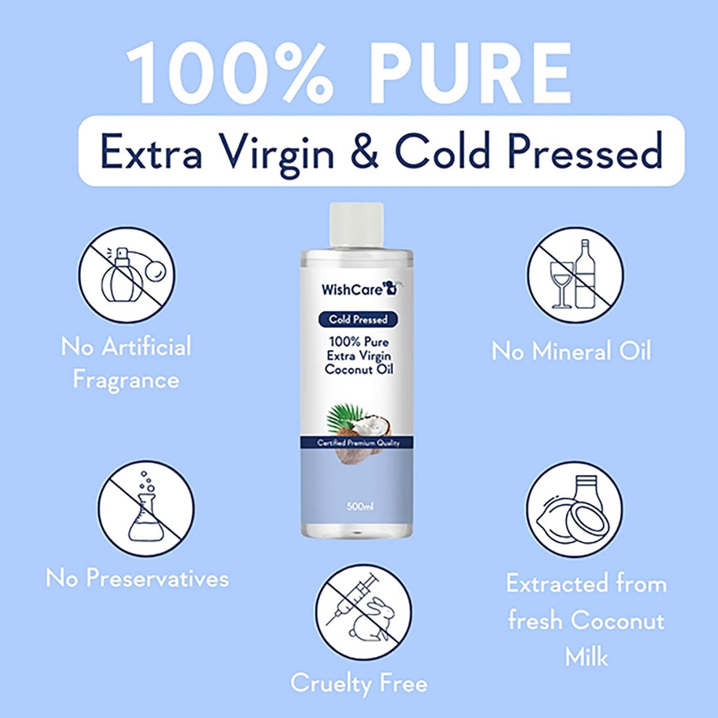 WishCare 100% Pure Unrefined Cold Pressed Extra Virgin Coconut Oil (500ml)