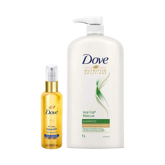 Dove Hair Fall Rescue Shampoo (1000 ml) & All Day Nourish+ UV Protect Hair Serum (48 ml) Combo