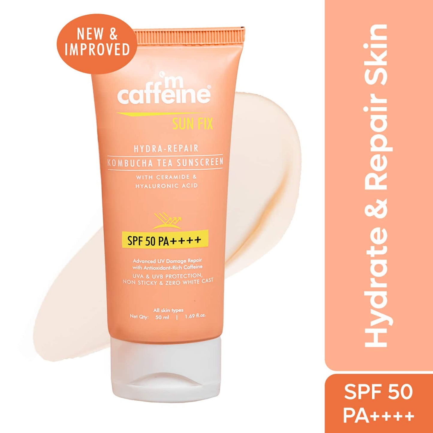 mCaffeine Hydra Repair Sunscreen SPF 50 PA++++ with Kombucha Tea UVA-UVB Protection & No White Cast