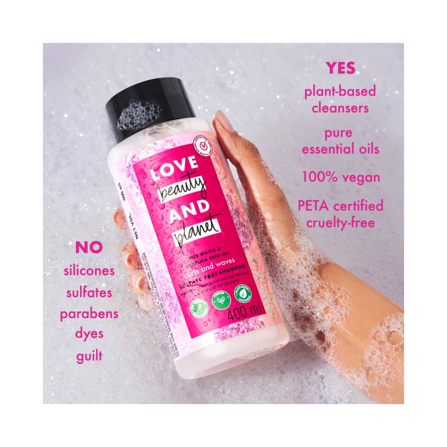 Love Beauty & Planet Rice Water & Angelica Seed Oil Shampoo for Frizz Free Curly Wavy Hair (400 ml)