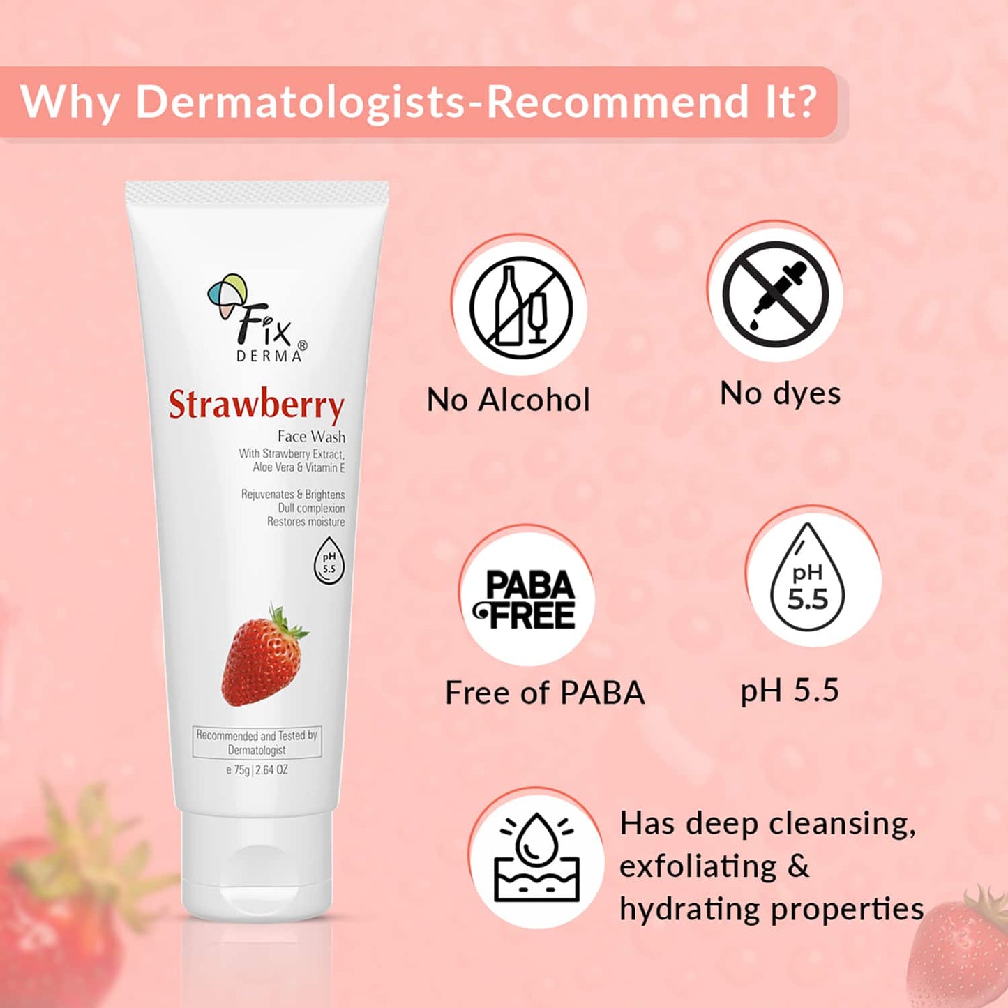 Fixderma Strawberry Facewash with 0.2% Vitamin E & Strawberry Extract (75g)