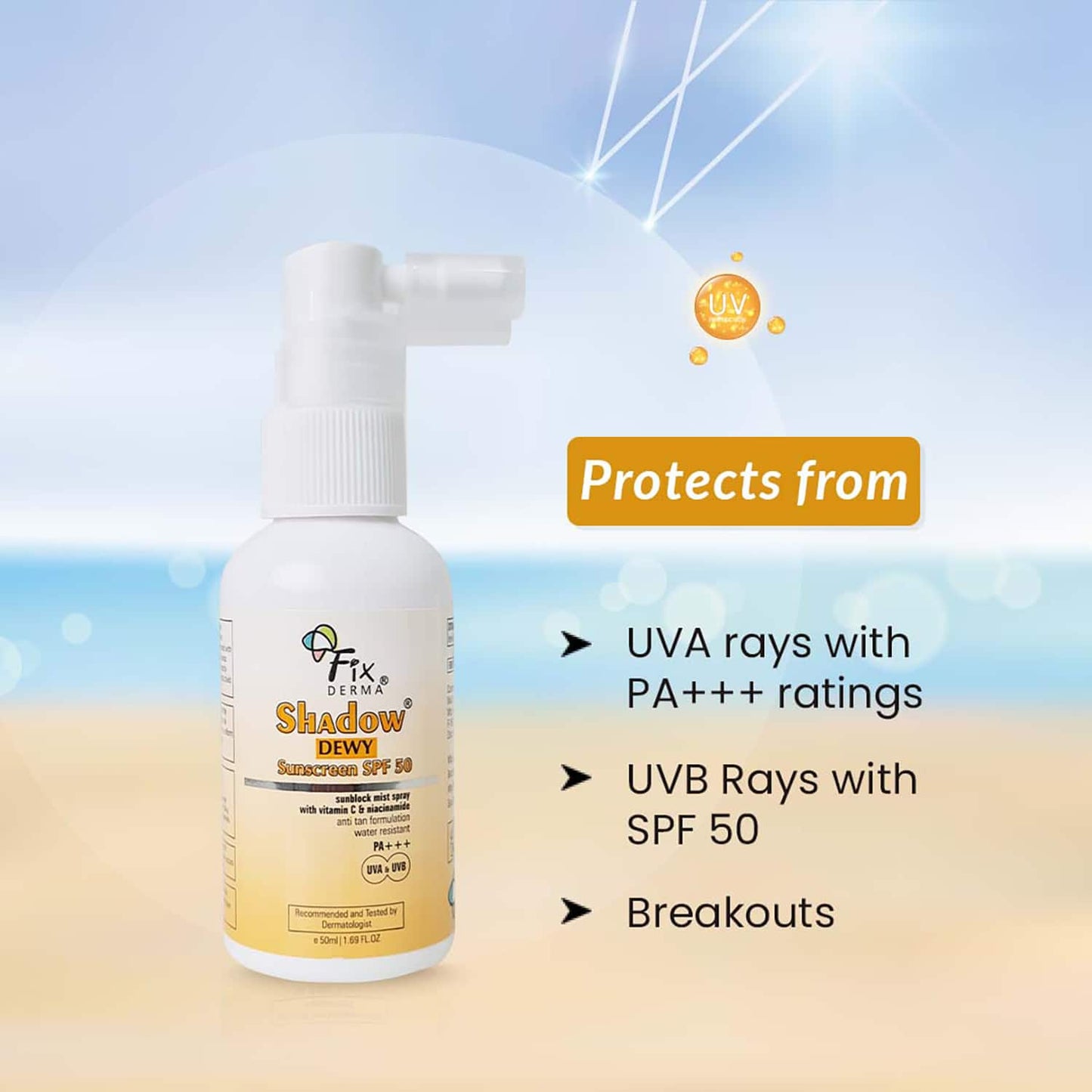 Fixderma Shadow Dewy Sunscreen Spray Prevents Tanning with Vitamin C & Niacinamide (50ml)