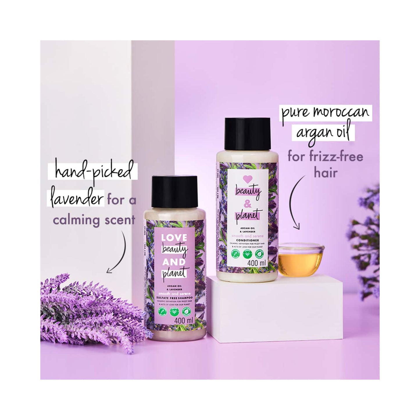 Love Beauty & Planet Argan Oil and Lavender Sulphate Free Shampoo for Dry & Frizzy hair (400 ml)