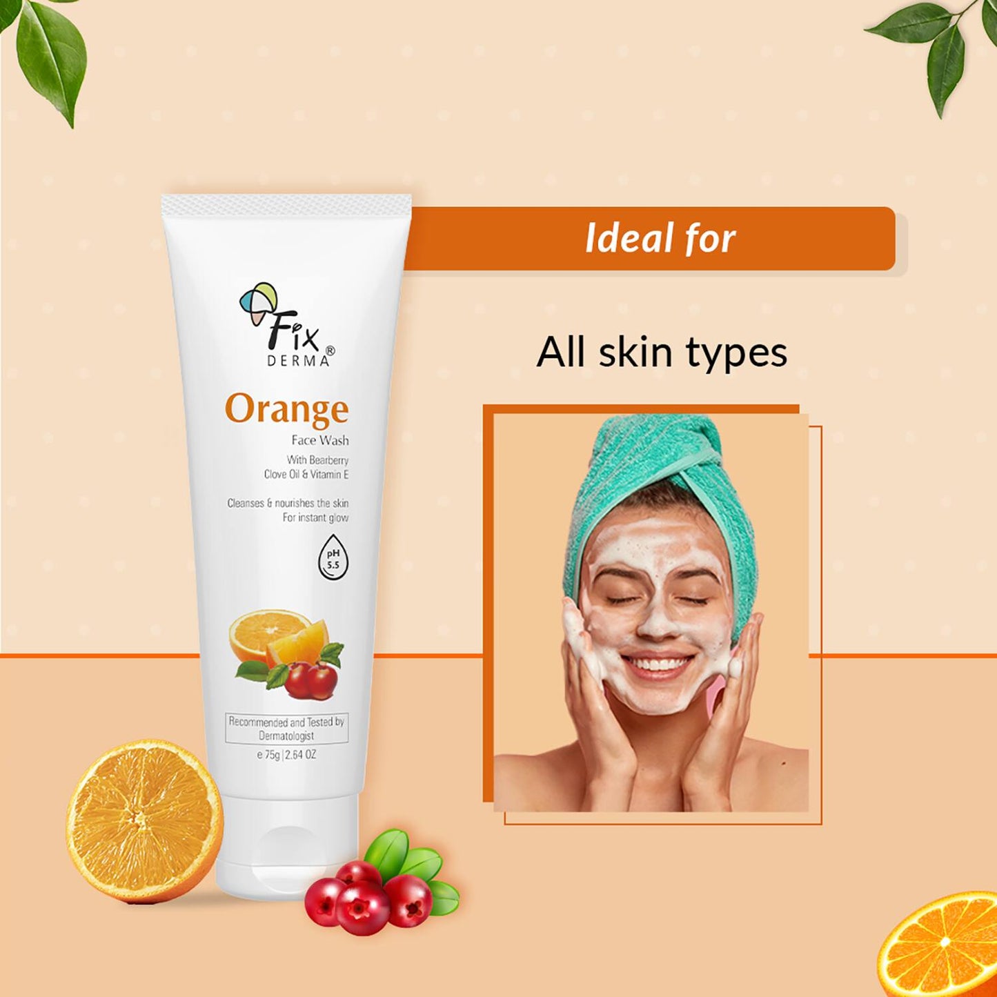 Fixderma Orange Facewash with Vitamin E & Bearberry for Tan Removal (75g)