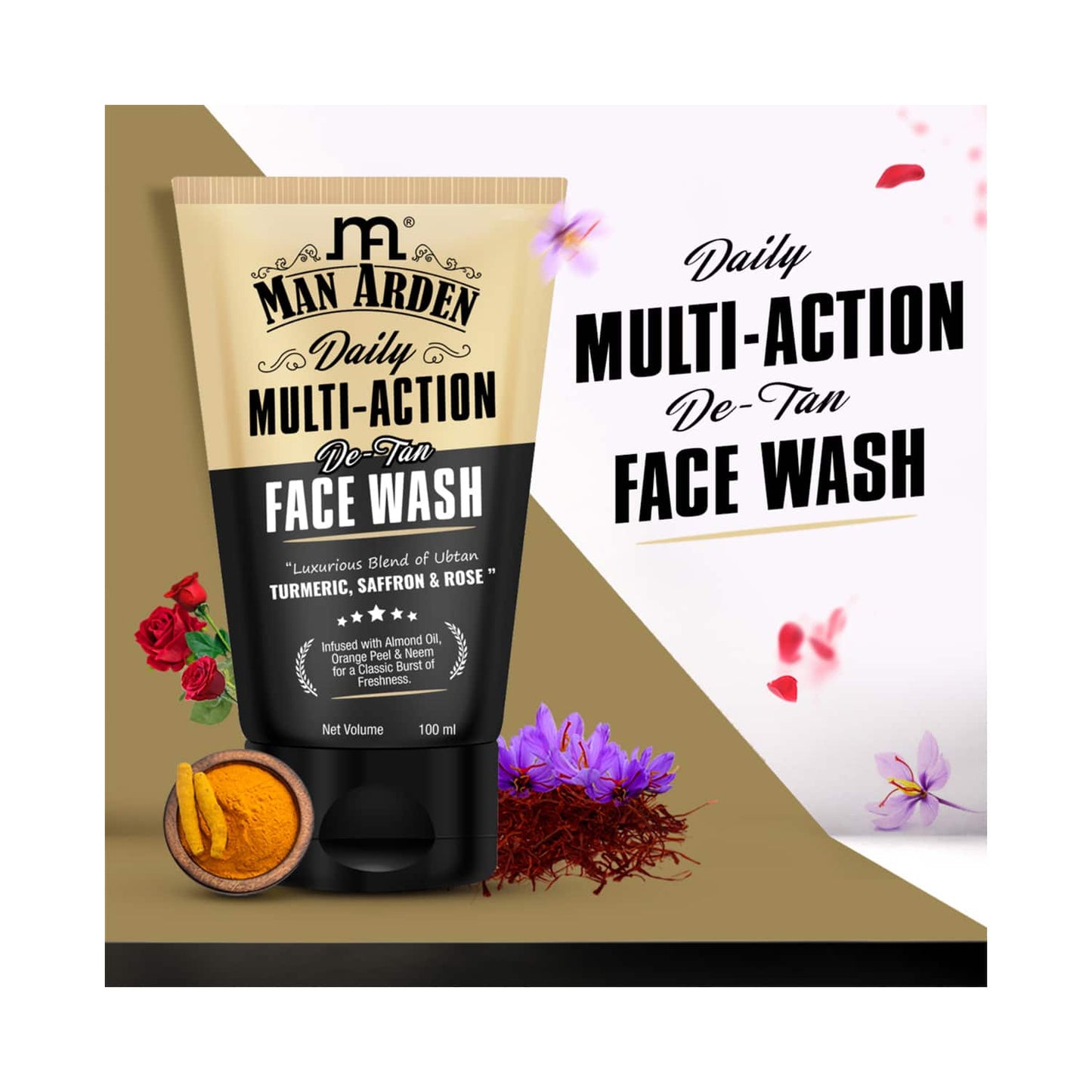 Man Arden Daily Multi-Action De-Tan Face Wash With Luxurious Blend Of Ubtan Turmeric, Saffron & Rose (100ml)