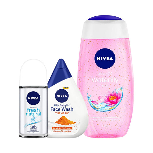 Nivea Waterlily & Oil Shower Gel, Milk Delight Turmeric Facewash & Fresh Deo Roll On Combo