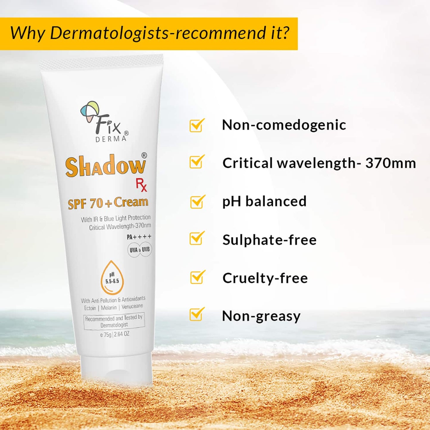 Fixderma Shadow RX Sunscreen SPF 70+ UVA & UVB with IR Protection & Blue Light Protection (75g)