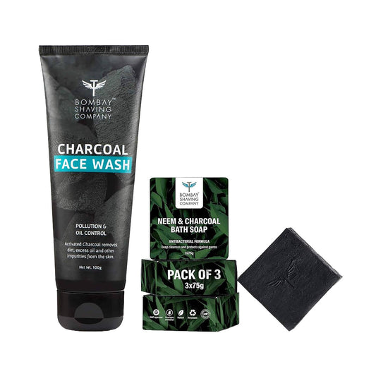 Bombay Shaving Company Charcoal Face Wash (100 g) + Neem & Charcoal Bath Soap (3 pcs) For Men Combo