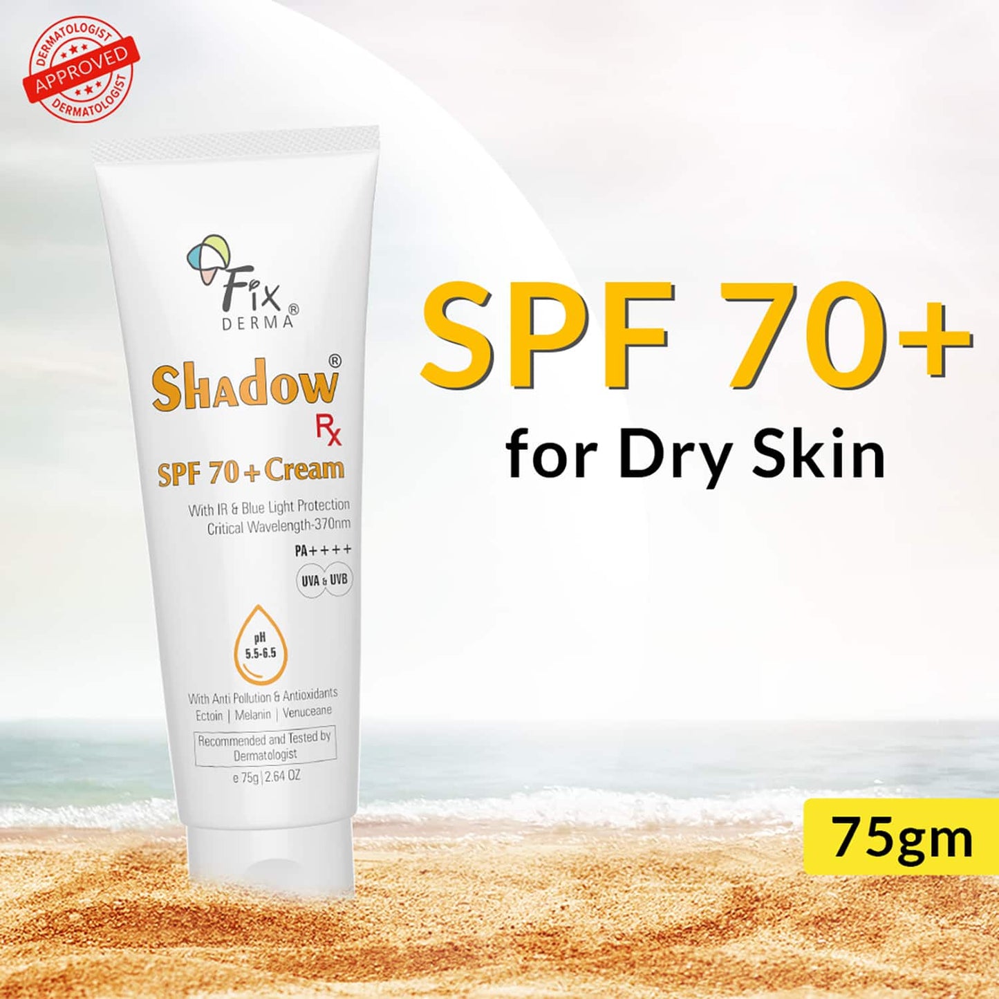 Fixderma Shadow RX Sunscreen SPF 70+ UVA & UVB with IR Protection & Blue Light Protection (75g)